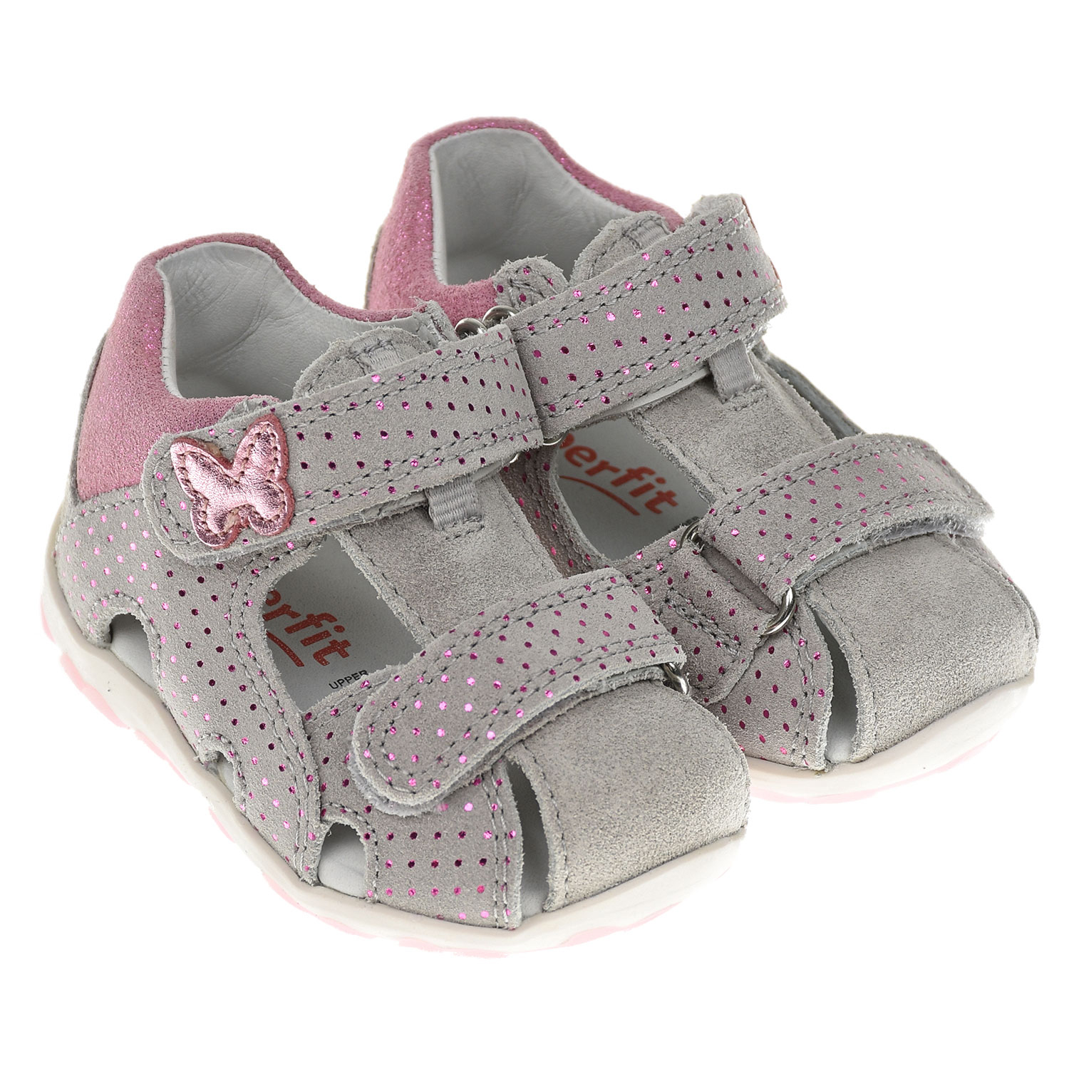 Серые босоножки с розовой бабочкой SUPERFIT детские, размер 18, цвет серый - фото 1
