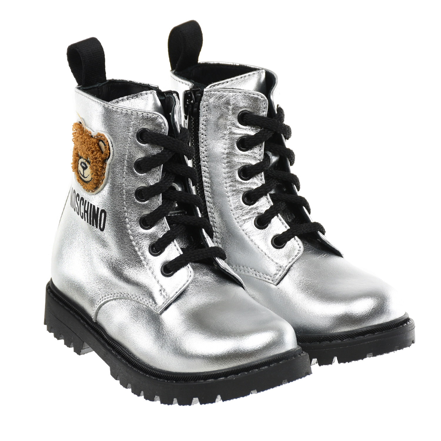 Серебристые ботинки с аппликацией Moschino детские, размер 23, цвет серебристый