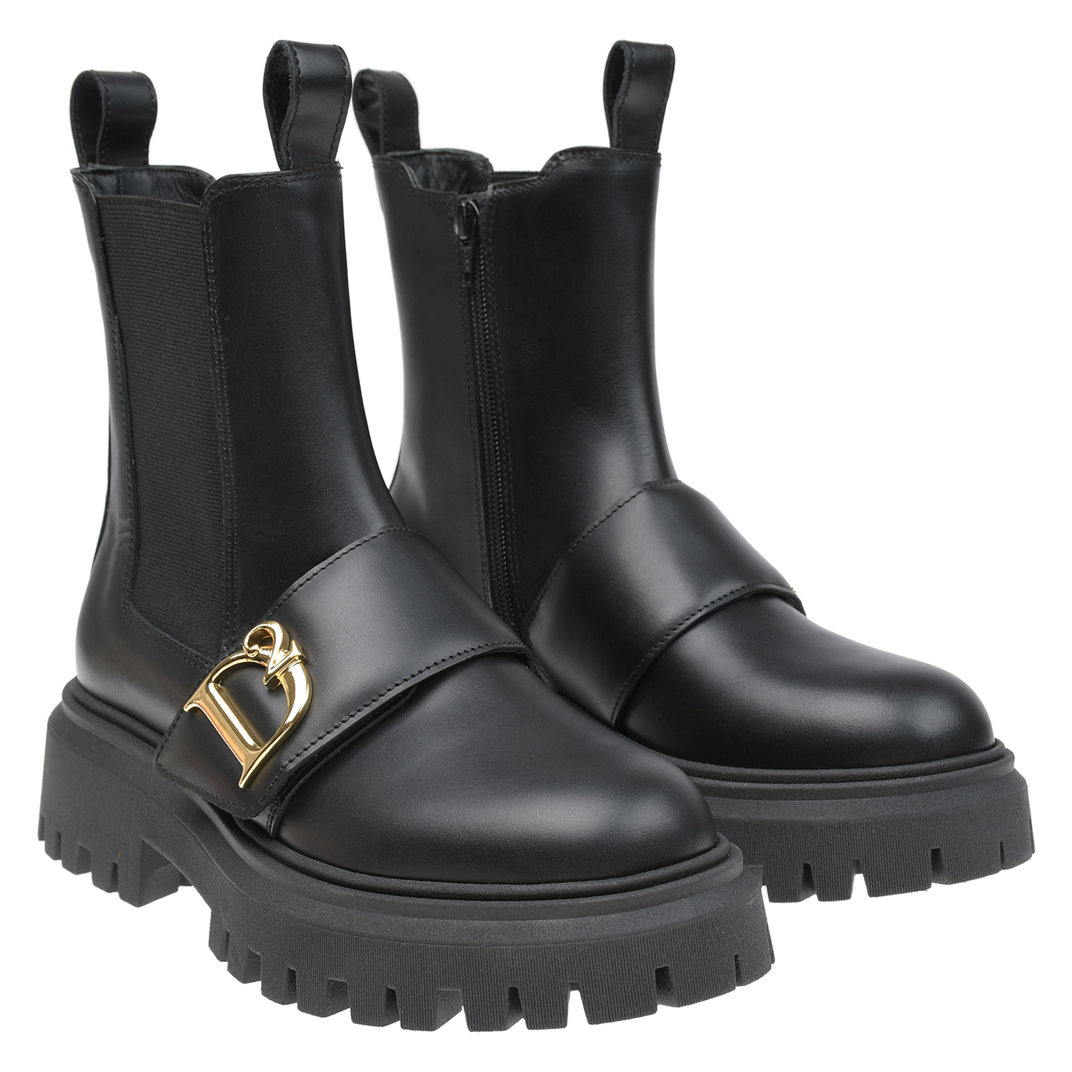 Кожаные ботинки челси с золотистым лого Dsquared2 детские, размер 37, цвет черный - фото 1