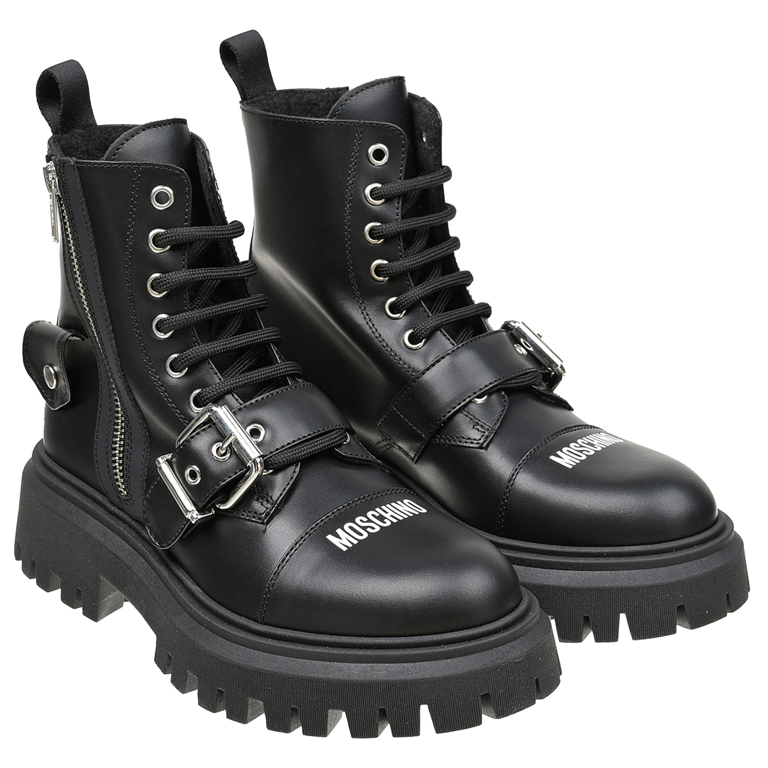 Черные кожаные ботинки с флисовой подкладкой Moschino детские, размер 33, цвет черный