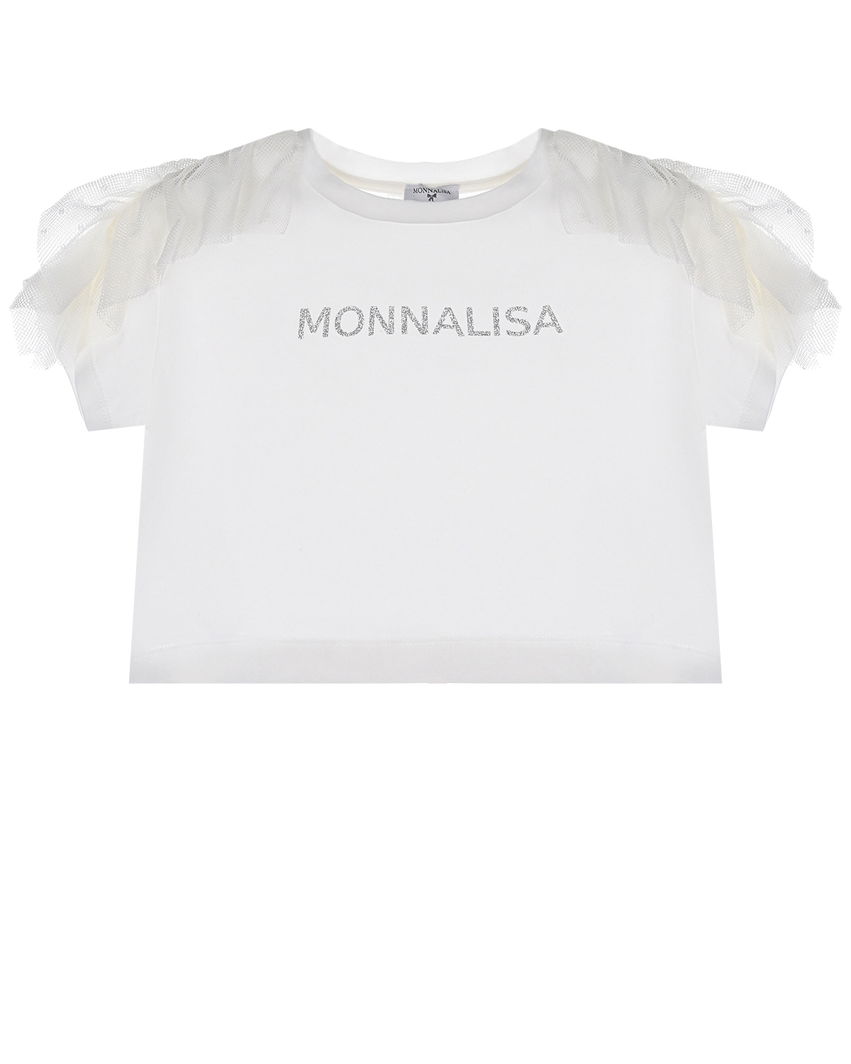 Белая укороченная футболка с оборками на рукавах Monnalisa детская, размер 128, цвет белый - фото 1