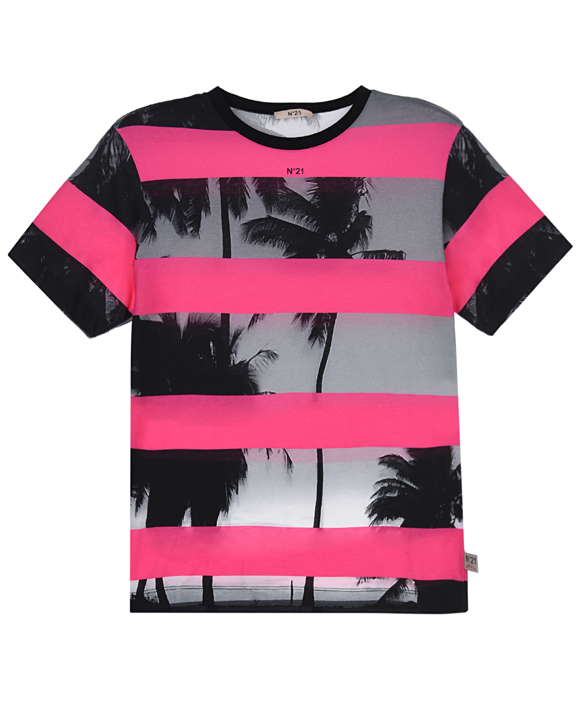 Черно-розовая футболка с принтом "Пальмы" No. 21 детское, размер 164, цвет мультиколор - фото 1