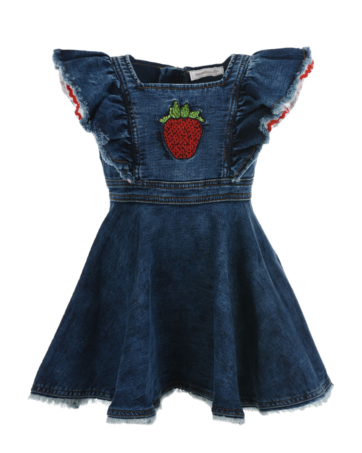 Джинсовое платье с аппликацией "клубника" Monnalisa детское, размер 116, цвет синий - фото 1