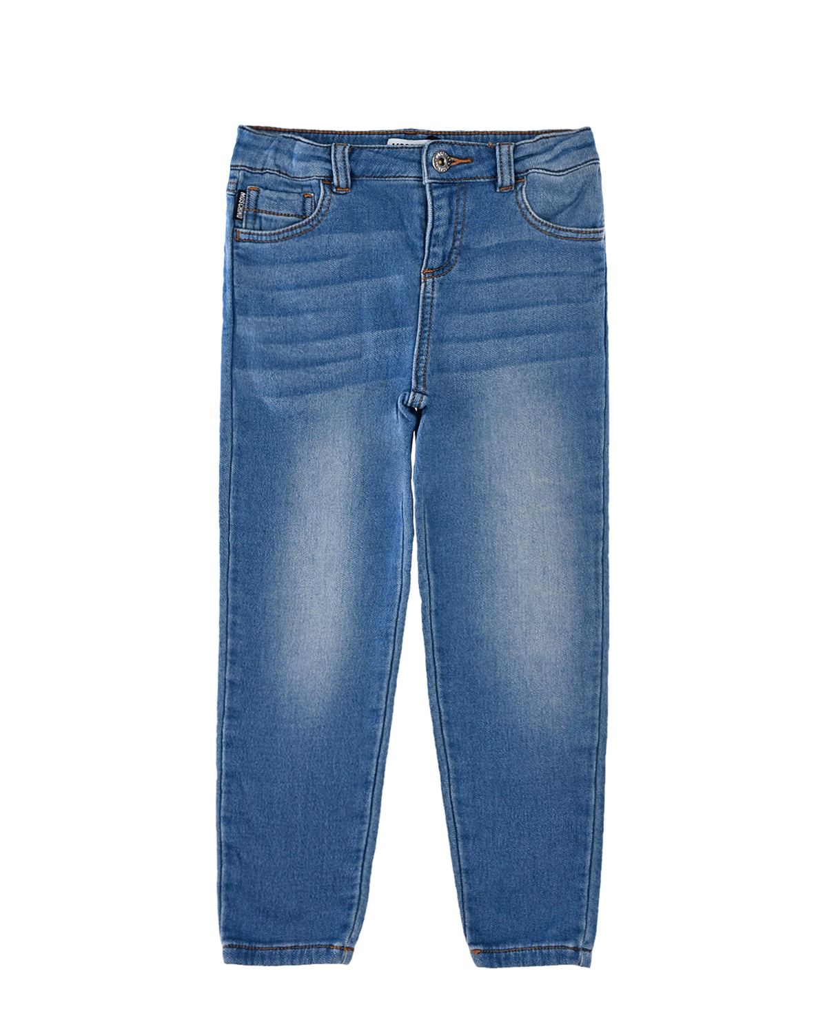 Голубые джинсы с декором на заднем кармане Moschino детские, размер 104, цвет голубой
