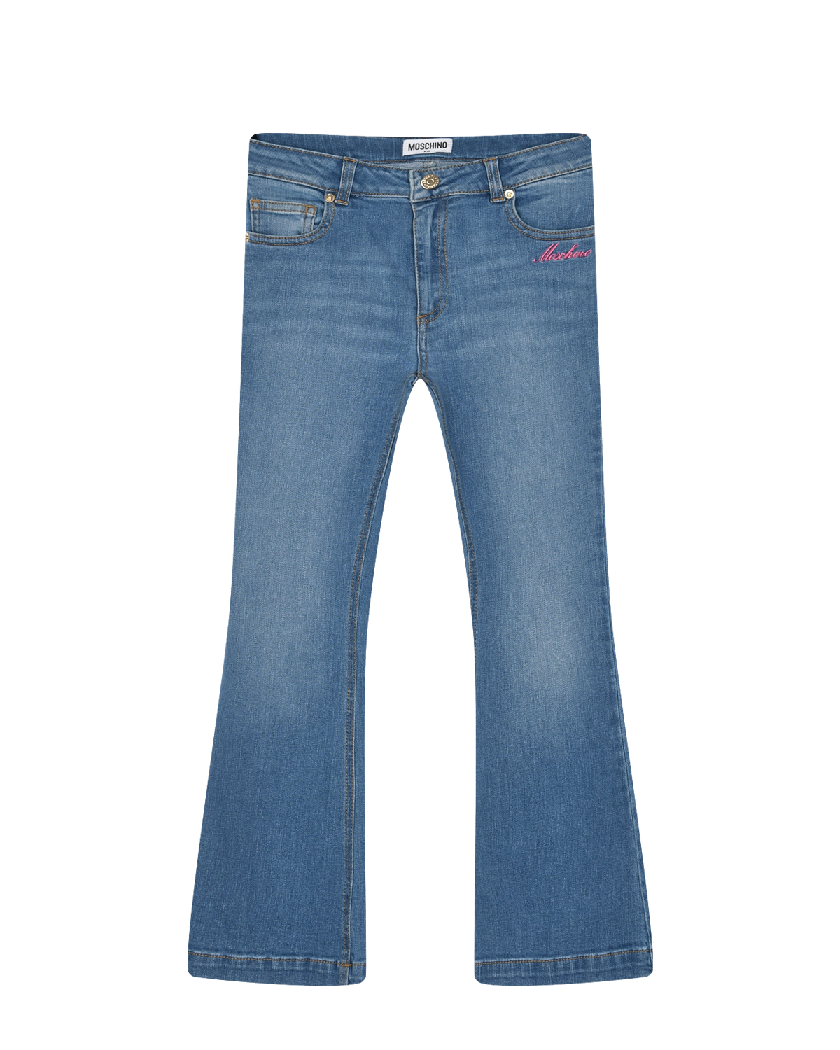 Джинсы клеш с вышитым лого Moschino укороченные джинсы клеш