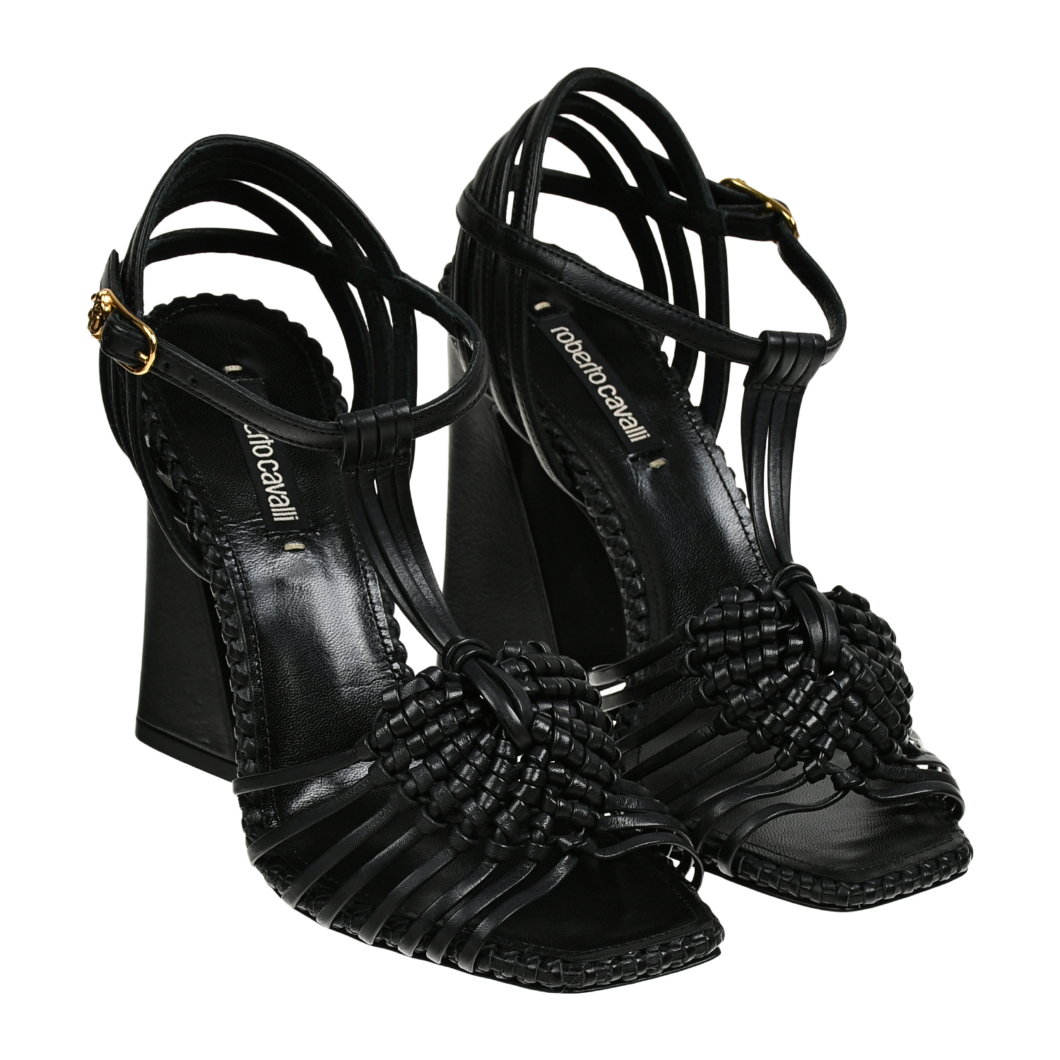 Плетеные босоножки на высоком каблуке, черные Roberto Cavalli, размер 37, цвет нет цвета