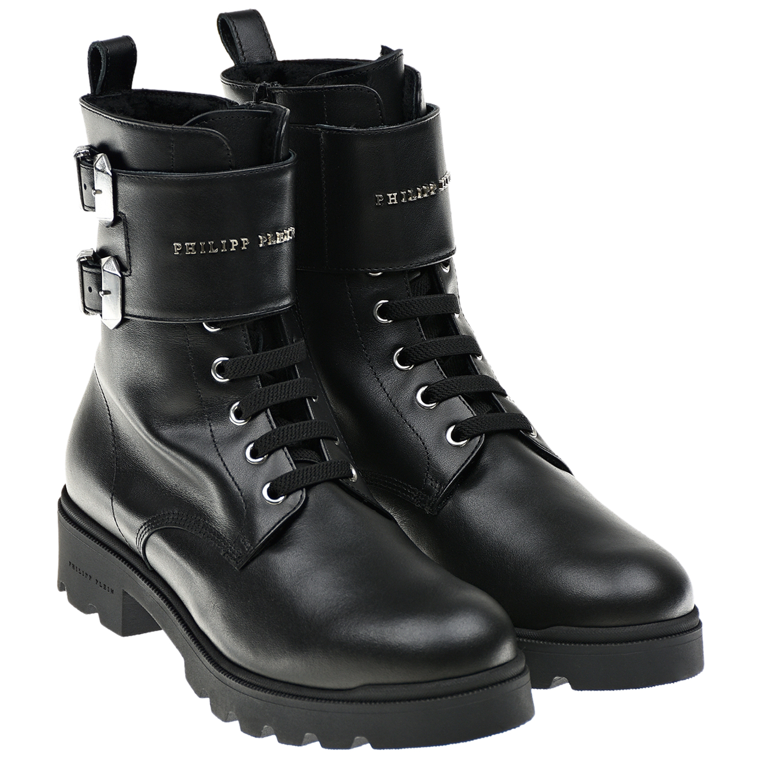 Черные ботинки с серебристыми пряжками Philipp Plein детские, размер 34, цвет черный