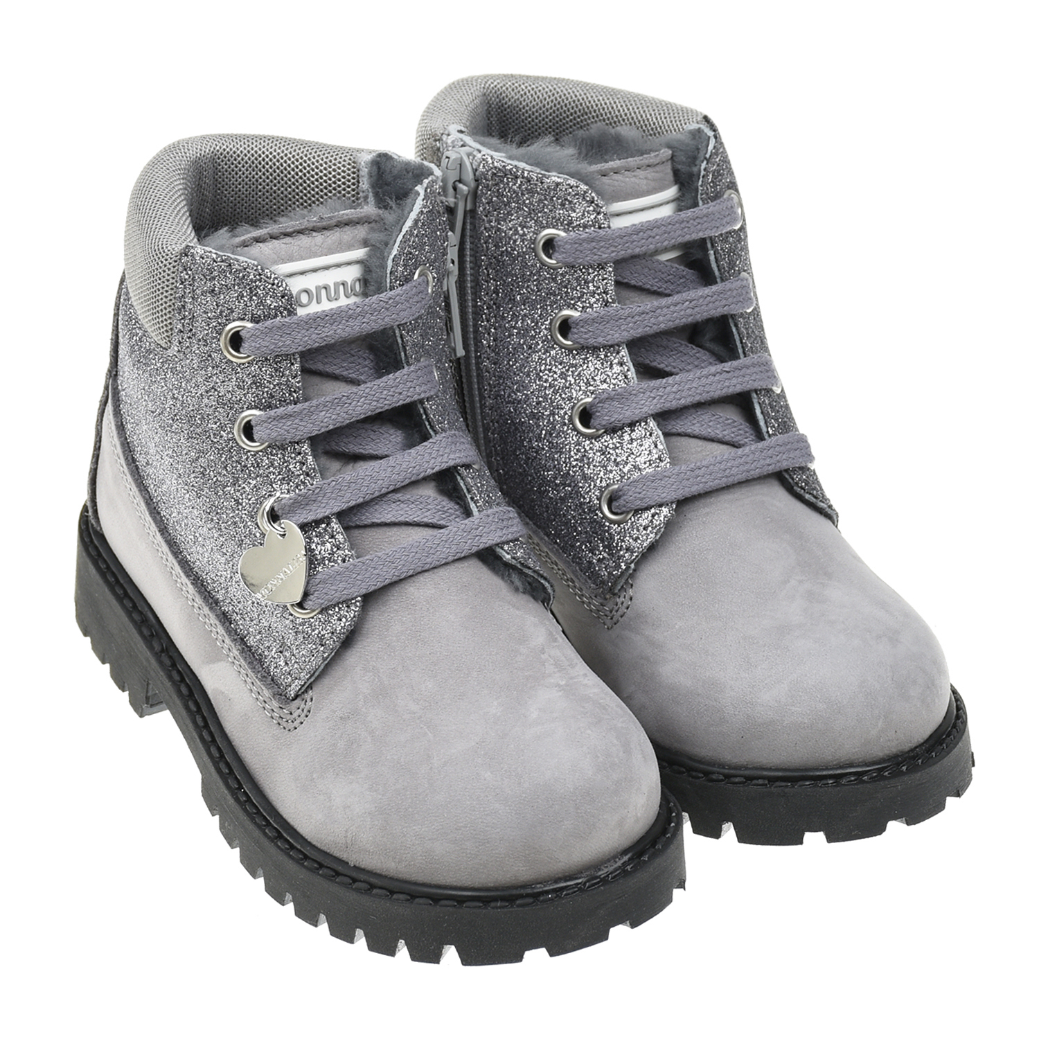 Кожаные ботинки с серебристыми вставками Monnalisa детские, размер 24, цвет серый - фото 1