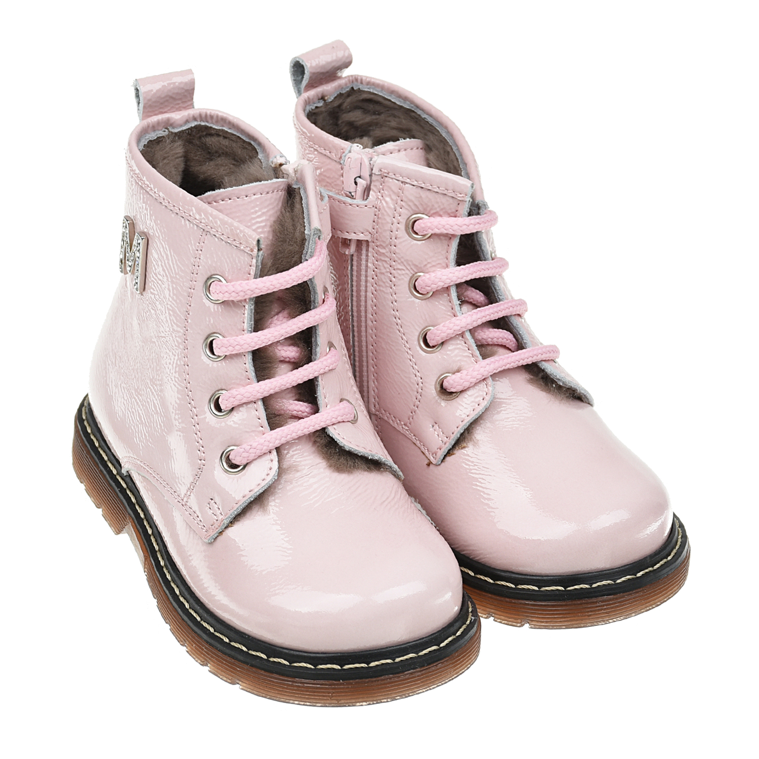 Розовые кожаные ботинки с декором из стразов Monnalisa детские, размер 22, цвет розовый - фото 1