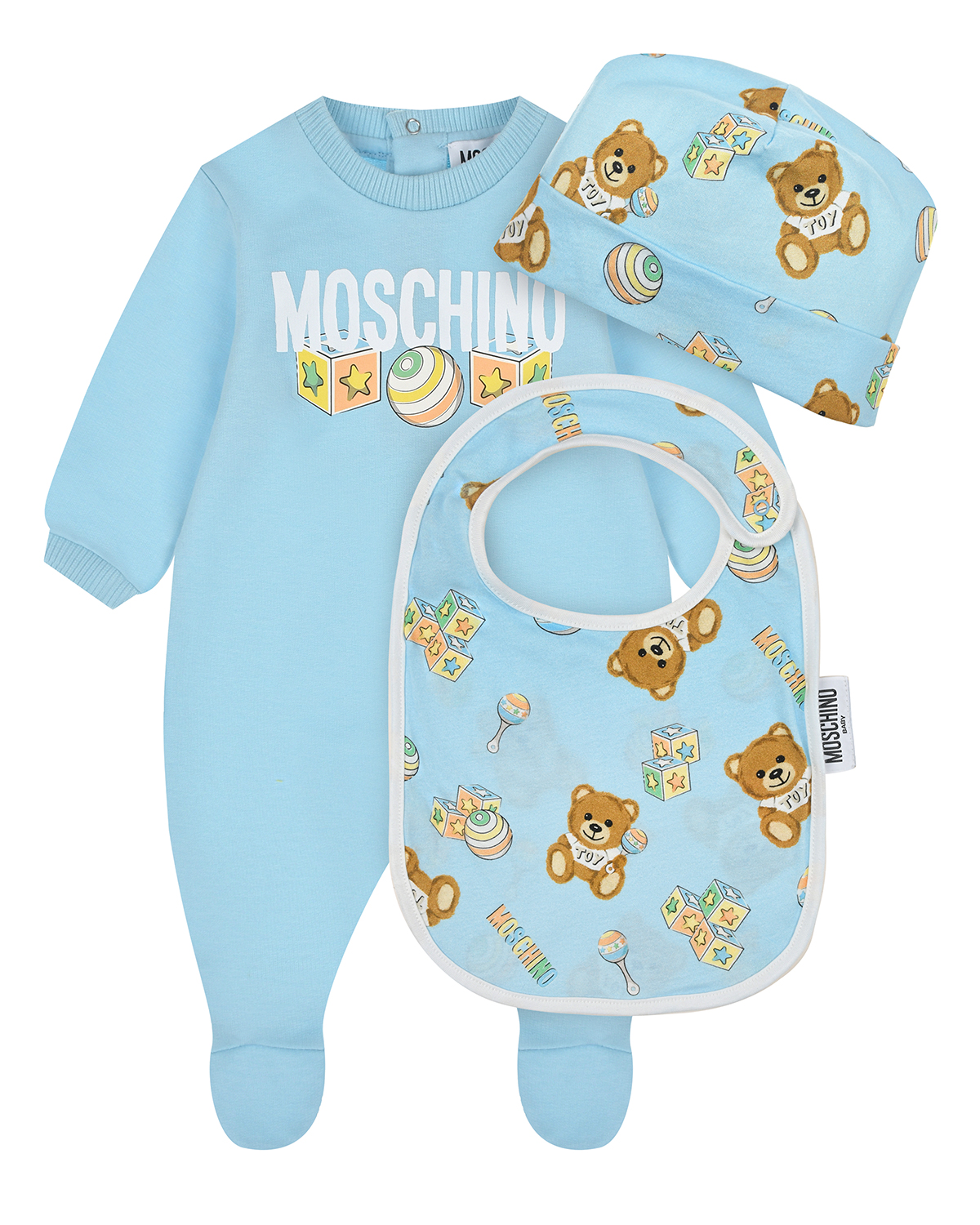 Комплект: комбинезон, слюнявчик и шапка, голубой Moschino белый слюнявчик с кружевным кантом aletta детский