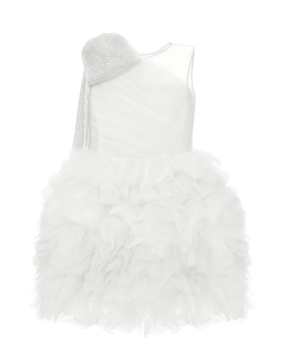 Платье с крупным бантом и стразами, белое Sasha Kim, размер 128, цвет нет цвета