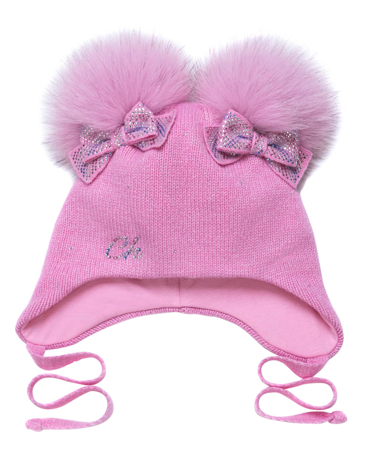 Розовая шапка с бантами и меховыми помпонами Chobi детская, размер 52/54, цвет розовый - фото 1