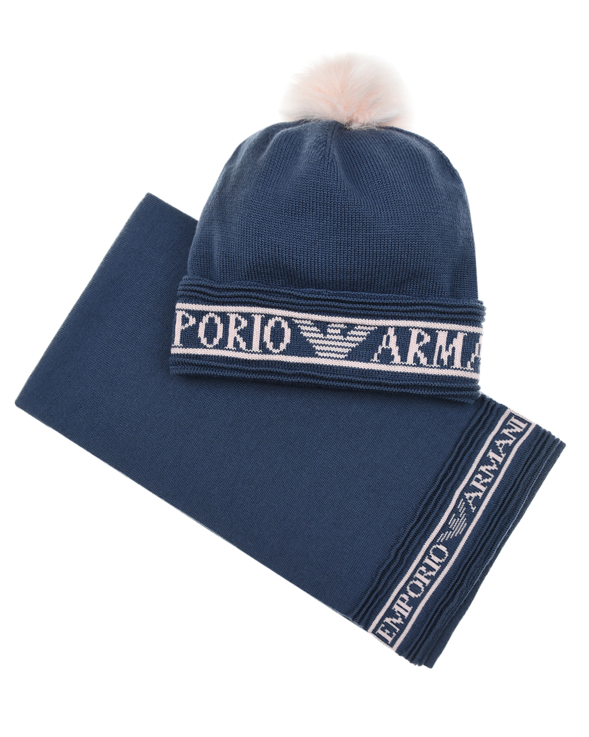 Комплект из шапки с помпоном и шарфа, синий Emporio Armani детский, размер S - фото 1