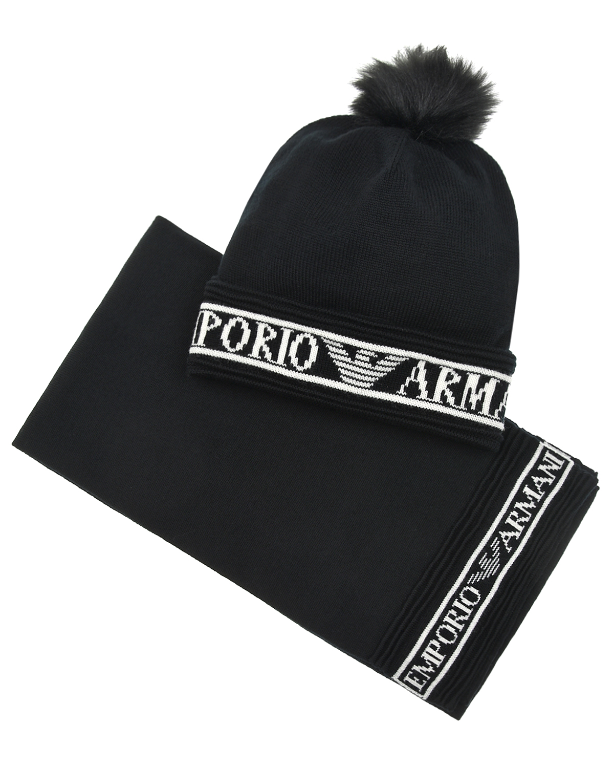 Комплект из шапки с помпоном и шарфа, черный Emporio Armani детский, размер M - фото 1