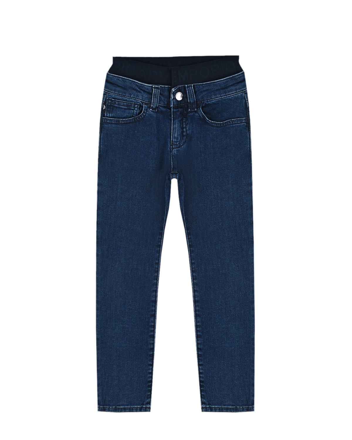 Синие джинсы с поясом на резинке Emporio Armani детские, размер 140, цвет синий