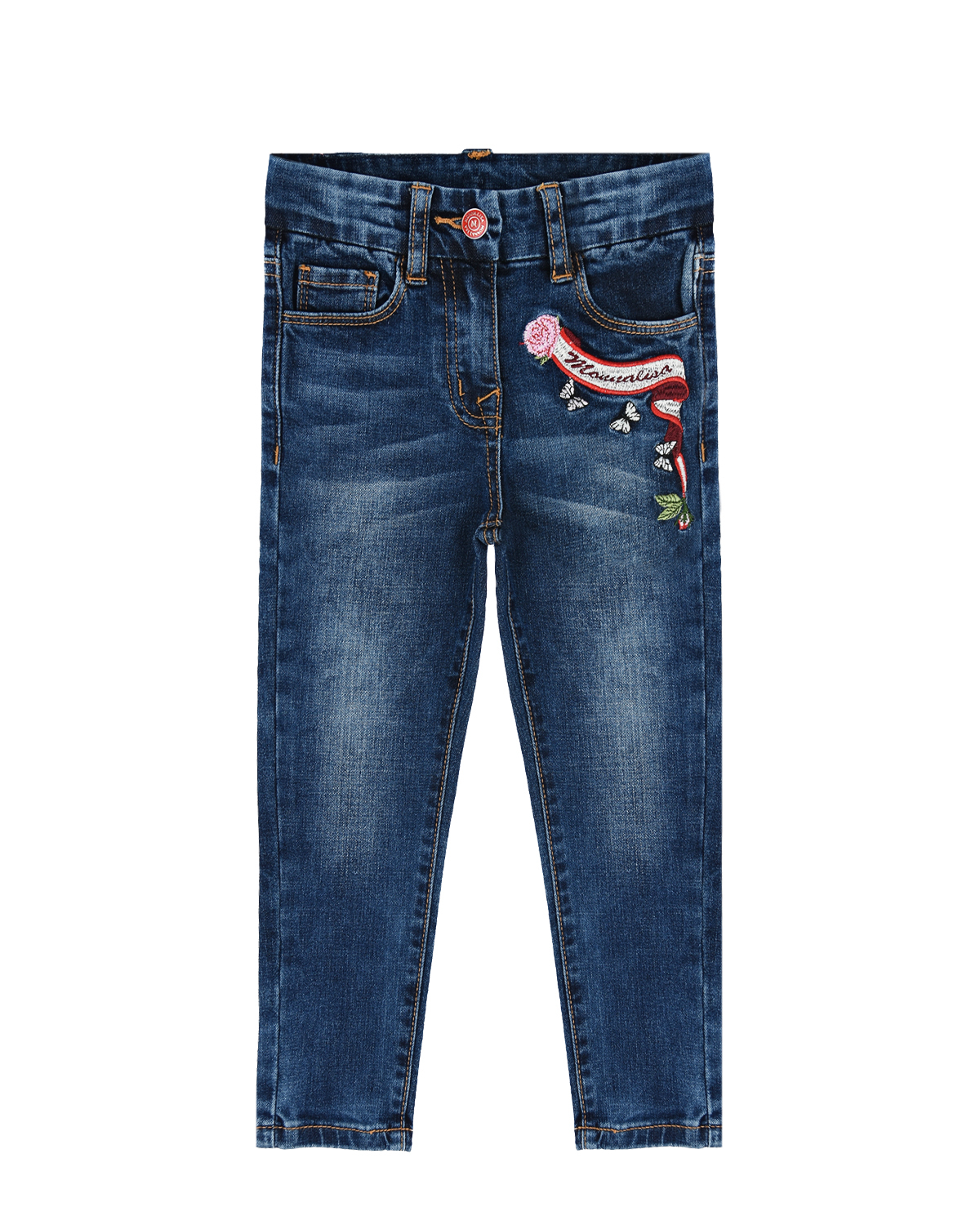 Синие джинсы с вышивкой Monnalisa детские, размер 116, цвет синий - фото 1