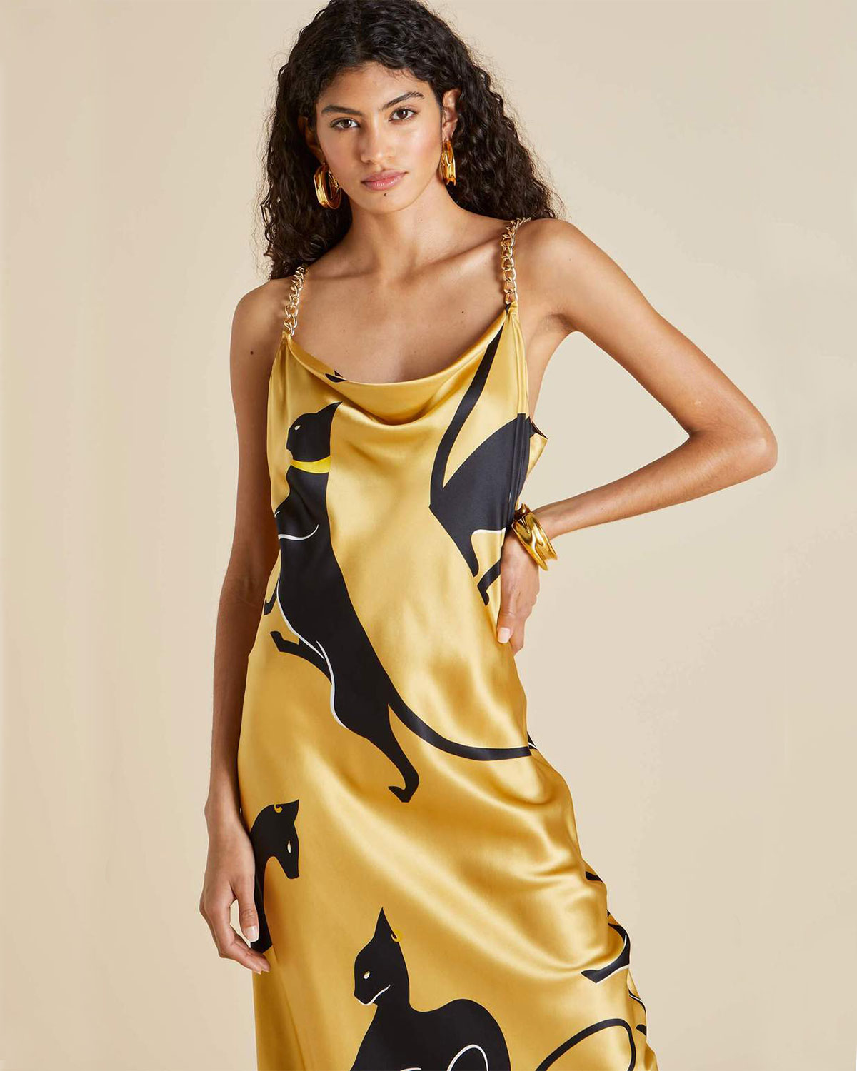 Шелковое платье с принтом "кошки" Olivia von Halle, размер 40, цвет золотой - фото 8