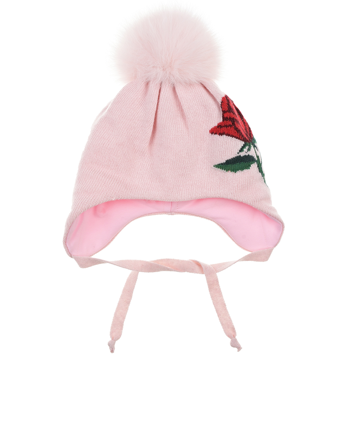 Розовая шапка с меховым помпоном и цветочным декором Chobi детская, размер 53 - фото 1