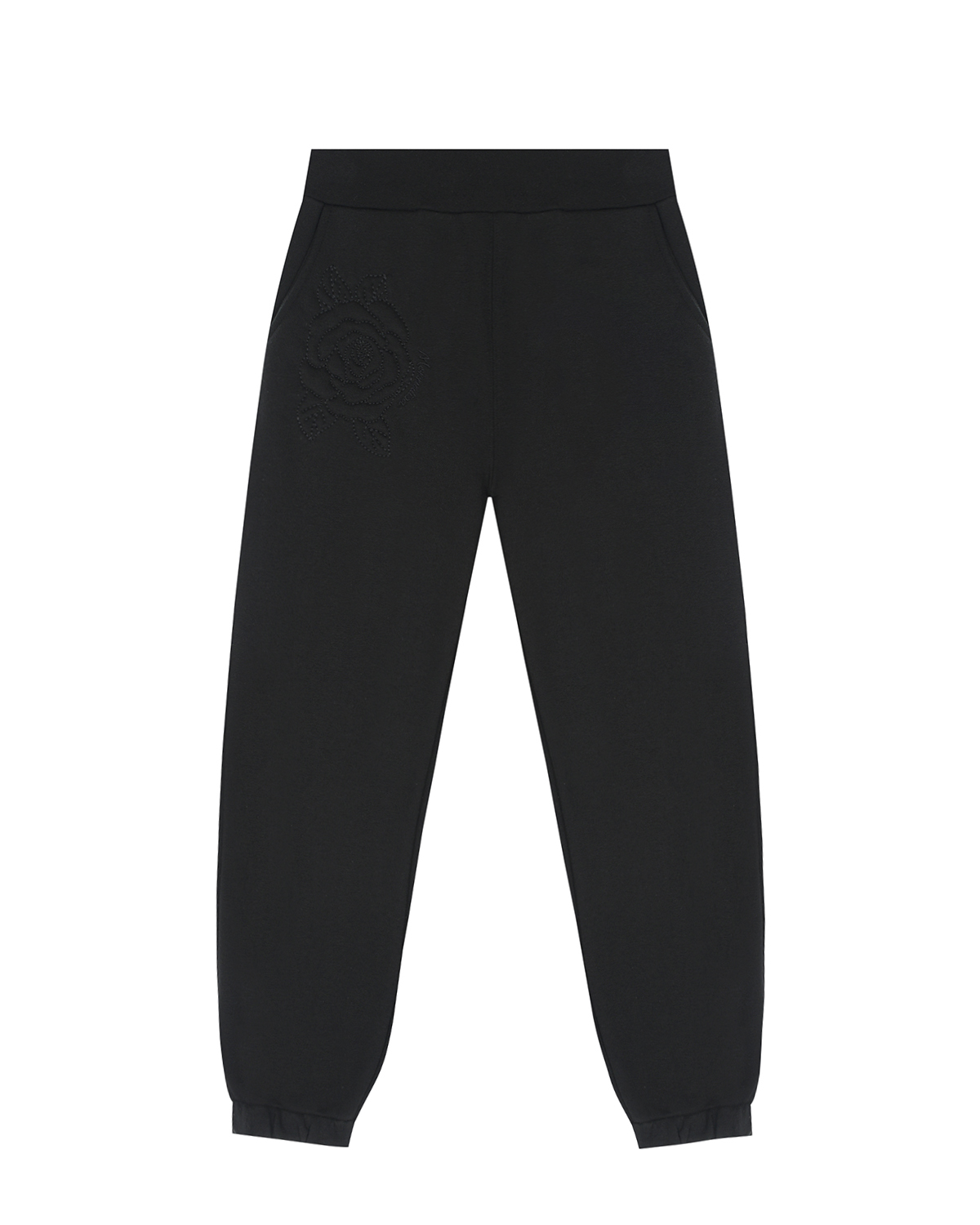 Спортивные черные брюки с вышивкой "Роза" Monnalisa детские, размер 128, цвет черный - фото 1