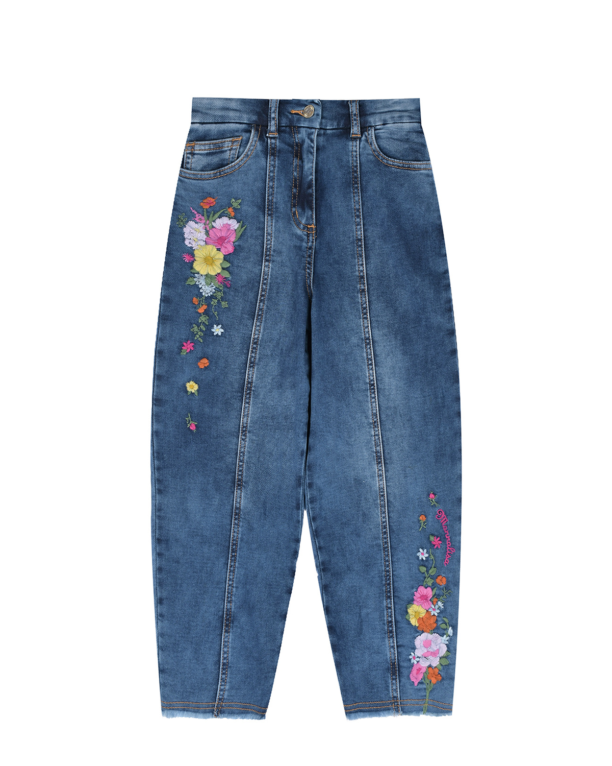 Синие джинсы с цветочной вышивкой Monnalisa детские, размер 104 - фото 1