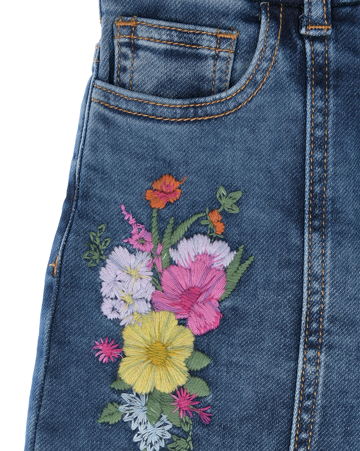 Синие джинсы с цветочной вышивкой Monnalisa детские, размер 104 - фото 3