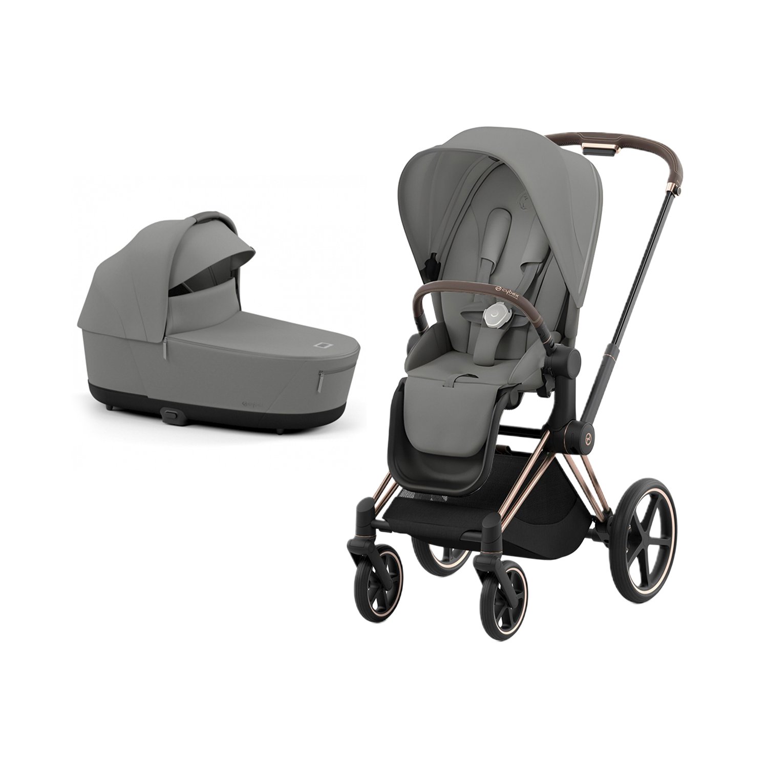 Коляска 2 в 1 CYBEX Priam IV Rosegold 2 в 1 цвет Mirage Grey в комплекте со спальным блоком Lux Carry Cot