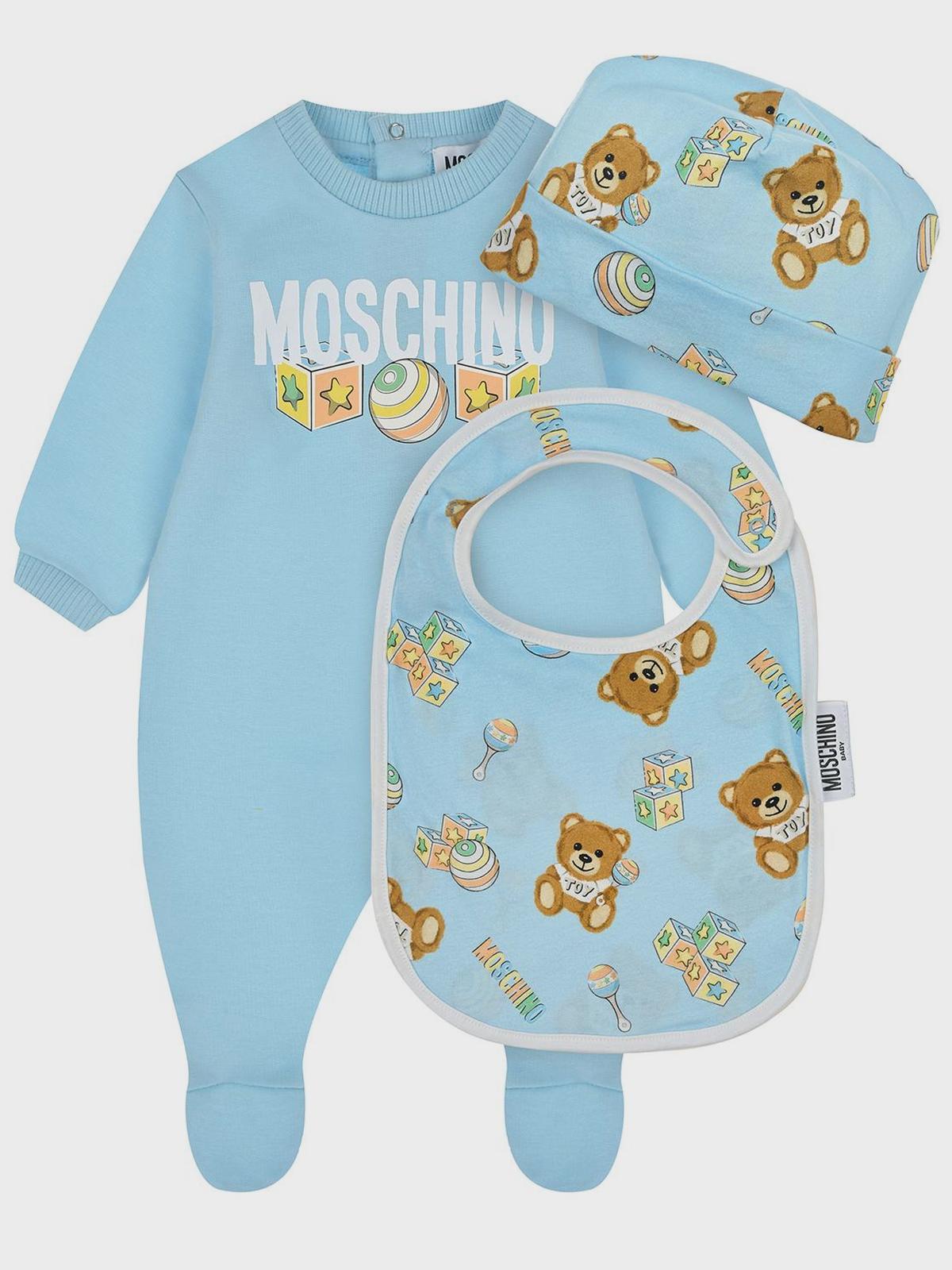 Комплект: комбинезон, слюнявчик и шапка, голубой Moschino