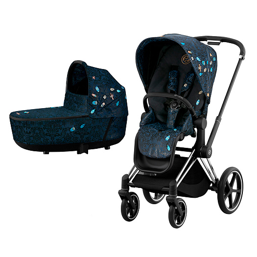 Детская коляска 2 в 1 Cybex PRIAM IV Люлька, ткань прогулочного блока FE Jewels of Nature и шасси Chrome Black  | Фото 1