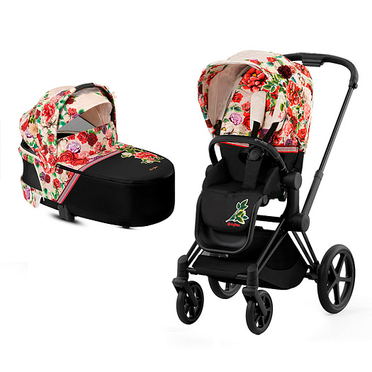 Детская коляска 2 в 1 Cybex PRIAM IV Люлька, ткань прогулочного блока FE Spring Blossom light и шасси Matt Black  | Фото 1