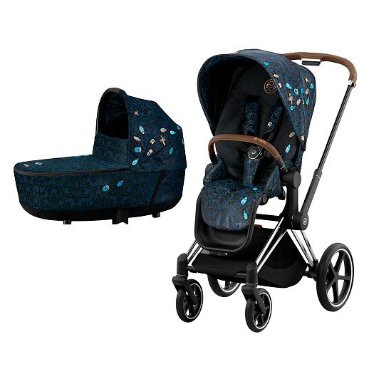 Детская коляска 2 в 1 Cybex PRIAM IV Люлька, ткань прогулочного блока FE Jewels of Nature и шасси Chrome Brown  | Фото 1